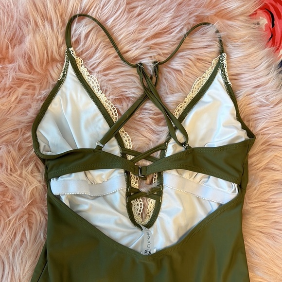 Cupshe Olive Sage Green Crotchet Criss Cross Backless Sexy One Piece Swimsuit - Picture 5 of 11